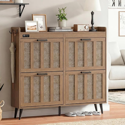 ChooChoo Shoe Storage Cabinet with 4 Flip Drawers, Deodorizing Shoe Organizer Storage for Entryway, Freestanding Hidden Slim Narrow Shoe Rack Cabinet, Rustic Oak
