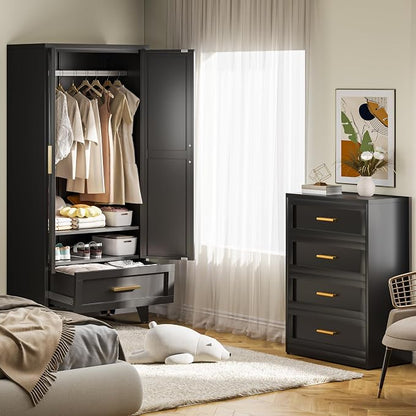 Baborokic Metal Wardrobe Cabinet,71 Armoire Wardrobe Closet with Drawers and Hanging Rod,Metal Armoire with Adjustable Shelves for Closet,Bedroom,Farmhouse Storage Cabinet with Drawer(Black)