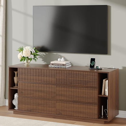 Whalefall 63 Inch Fluted 6 Drawers Dresser with Shelves, Walnut | Large Chest of Drawers for Bedroom, Mid Century Modern, Wood Closet Storage Organizer, Pedestal TV Stand for Living Room