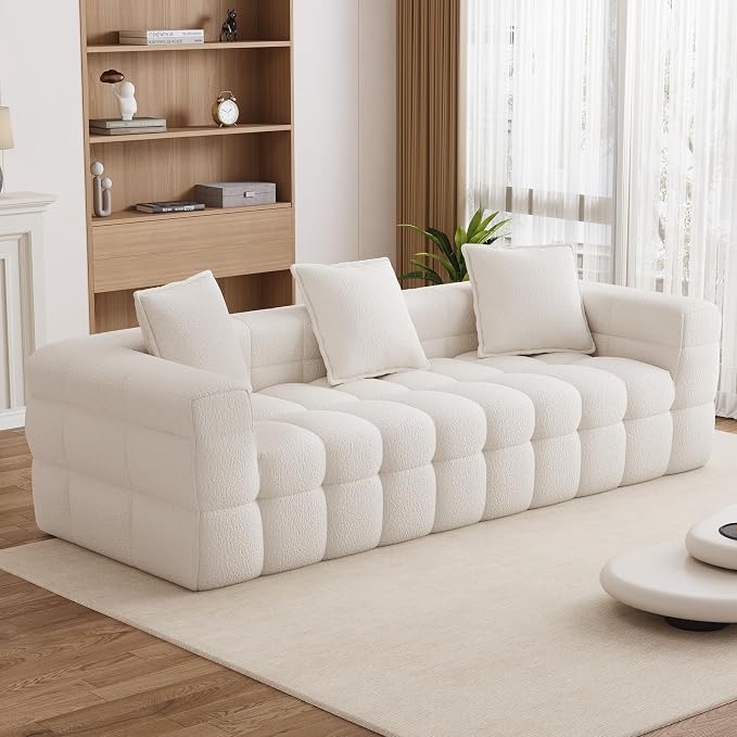 91.3" Boneless Couch,Comfy Cloud Sectional Sofa with Deep Seat,Modern Upholstered Chenille Love Seat Sofa, Oversized Couches for Living Room, No Assembly Required Tufted Sofas, Beige White