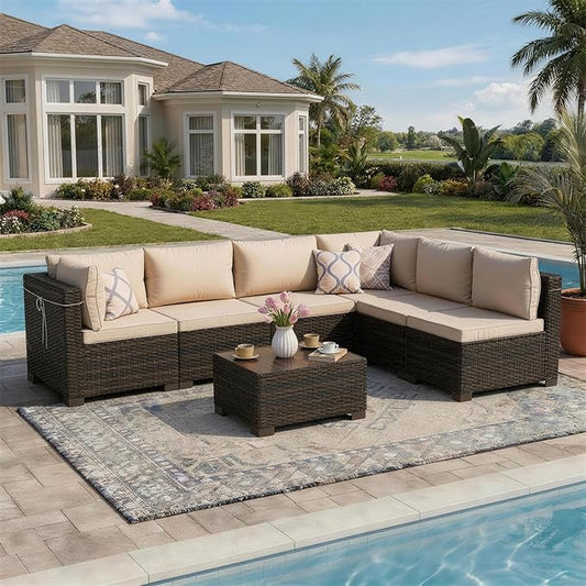 LAFWELL 7 Pieces Outdoor Patio Furniture Sets,Rattan Conversation Sectional Set,Manual Weaving Wicker Patio Sofa with Tea Table