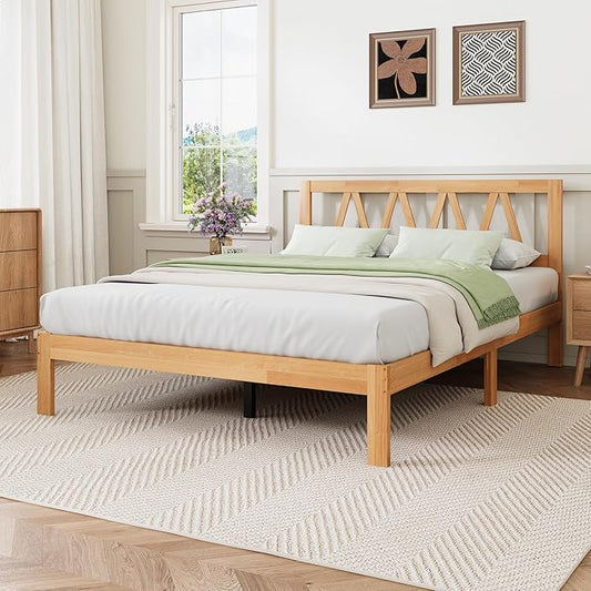 Novilla 12 Inch Full Size Bed Frame Full Bed Frames with Headboard Solid Wooden BedFrame Foundation, No Box Spring Needed, Easy Assembly, Natural Grain Wood