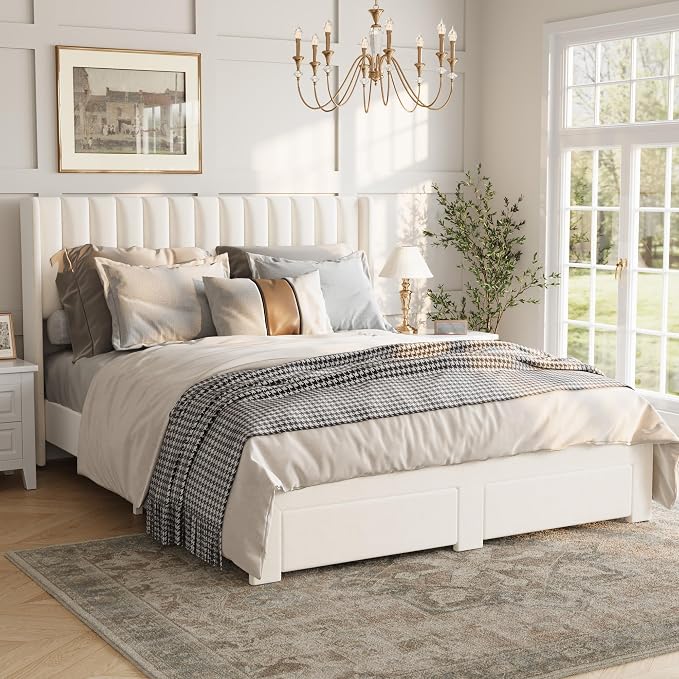 IDEALHOUSE Queen Bed Frame with Wingback Headboard, Velvet Upholstered Platform Bed with 2 Storage Drawers, Vertical Tufted Headboard Design, Wooden Slats Support, No Box Spring Needed, Beige