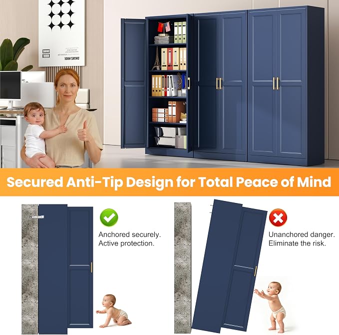 71" Metal Pantry Cabinet,Storage Cabinet with Doors and Shelves | Metal Storage Cabinet,Gold Handles,Adjustable Shelves,Magnetic Doors,Leveling Feet,Anti-tipping,for Kitchen/Garage Blue