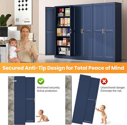 71" Metal Pantry Cabinet,Storage Cabinet with Doors and Shelves | Metal Storage Cabinet,Gold Handles,Adjustable Shelves,Magnetic Doors,Leveling Feet,Anti-tipping,for Kitchen/Garage Blue