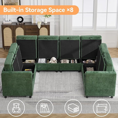 104'' U Shaped Modular Sofa, Sectional Couches with Storage for Living Room, Oversized 8 Seater Cloud Sectional Couch, Chenille Dark Green