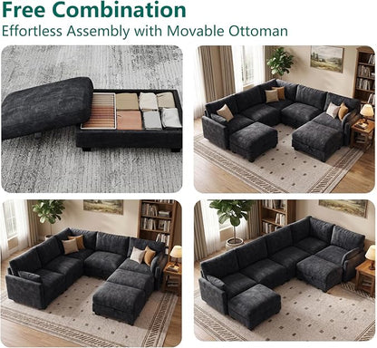 Modular Sectional V Shaped Sofa Couches for Living Room, Cloud Couch with Storage Ottoman, Comfy Chenille Sofa with Pillow, Black
