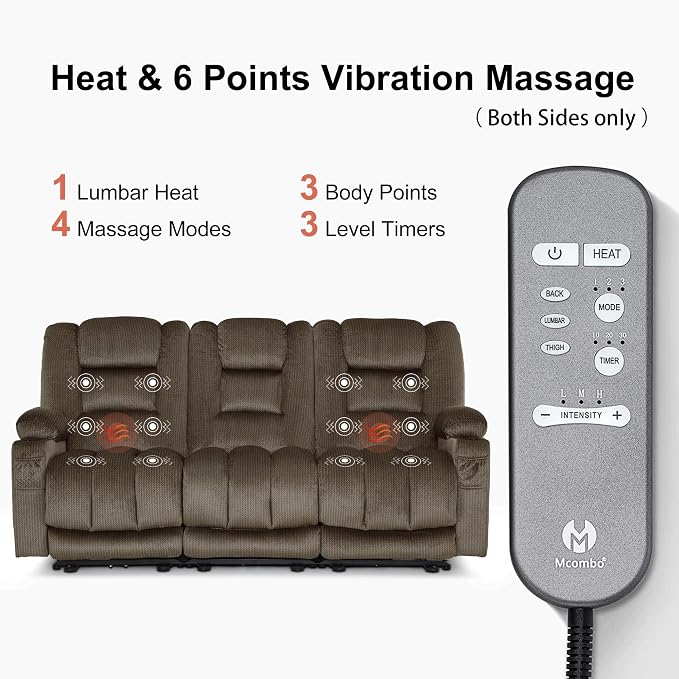MCombo Zero Gravity Power Reclining Sofa with Heat and Vibration Massage, 3 Seater Reclining Couch with USB Ports, Cup Holders for Living Room, Fabric PR648SET (Dark Brown)