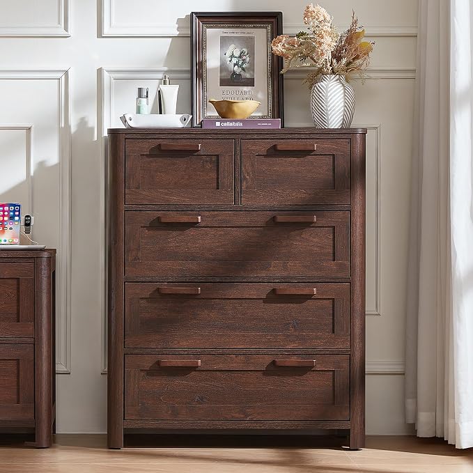 Joaxswe Farmhouse 5 Drawer Dresser for Bedroom, Vertical Dressers Chest of Drawers with 5 Deep Drawers & 4 Thickened Table Legs & Rounded Corners, Walnut
