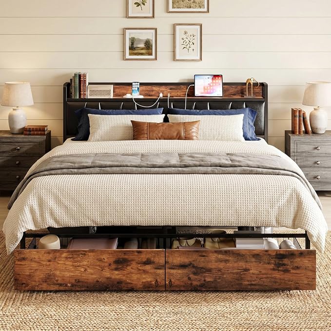 LIKIMIO California King Size Bed Frame with 2 Drawers and Charging Station | Platform Bed with Upholstered Storage Headboard, No Box Spring Needed, Easy Assembly, Sturdy, Vintage Brown and Black