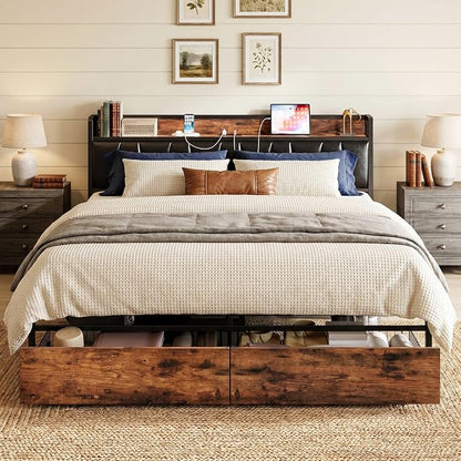 LIKIMIO California King Size Bed Frame with 2 Drawers and Charging Station | Platform Bed with Upholstered Storage Headboard, No Box Spring Needed, Easy Assembly, Sturdy, Vintage Brown and Black