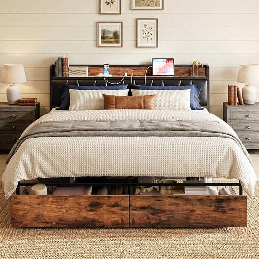LIKIMIO California King Size Bed Frame with 2 Drawers and Charging Station | Platform Bed with Upholstered Storage Headboard, No Box Spring Needed, Easy Assembly, Sturdy, Vintage Brown and Black
