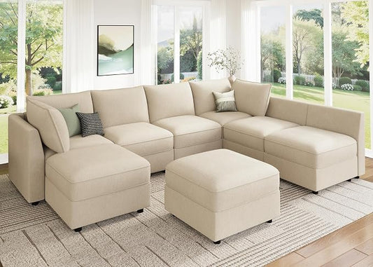HONBAY Modular Sectional Sofa Couch with Storage, Modern U Shaped Sectional Sofa, Convertible Couches for Living Room - Beige