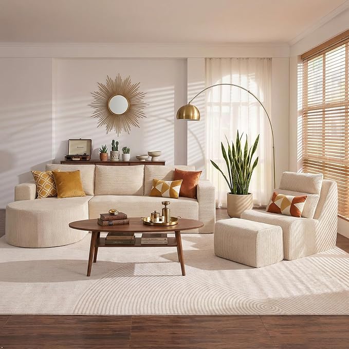 104.92" L-Shaped Corduroy 3 Piece Sofa Set with Single Lounge Chair & Ottoman, Modular Compressed All Foam Couch, Freely Movable Footrest, Minimalist Large Living Room Furniture