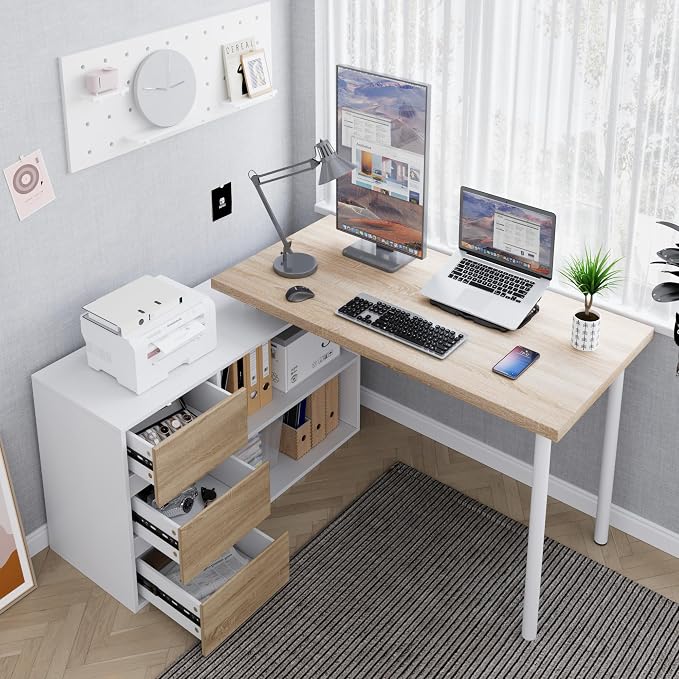 Home Office Computer Desk Corner Desk with 3 Drawers and 2 Shelves, 53-inch L-Shaped Study Desk with Storage, White + Walnut