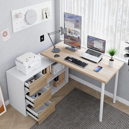 Home Office Computer Desk Corner Desk with 3 Drawers and 2 Shelves, 53-inch L-Shaped Study Desk with Storage, White + Walnut