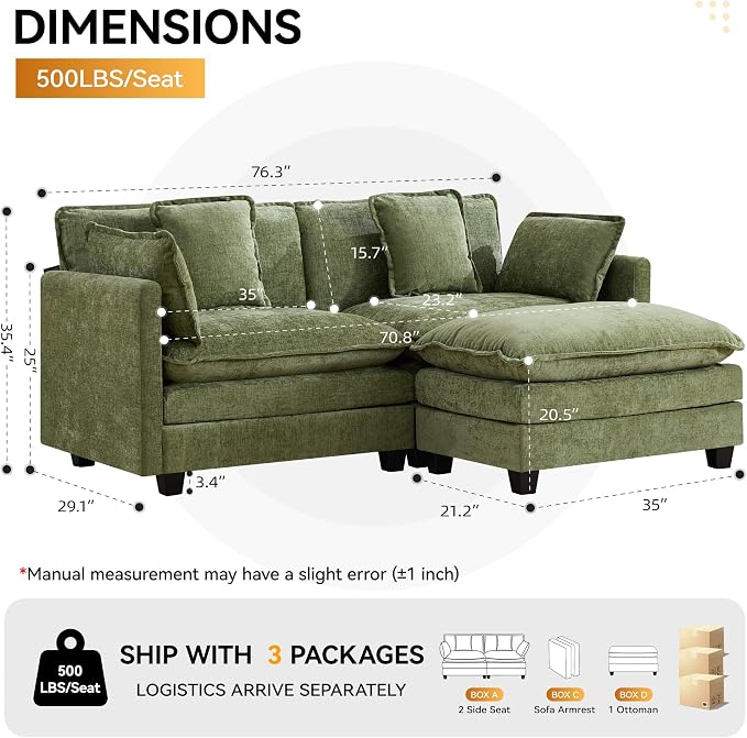 76'' Cloud Deep Seat Loveseat Sofa, Upholstered Chenille Modular 2-Seats Sectional Sofa Couch with Movable Ottoman, Modern Comfy Settee Loveseat for Living Room Set, Small Apartment, Green