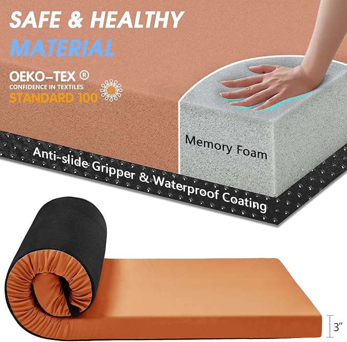 CYMULA 3 Inch Memory Foam Camping Pad, Camping Essentials Roll Up Floor Mat for Car Camping, Cot, Tent, Truck, Travel and Guest Use, Non-Slip Waterproof Bottom, Removable Cover