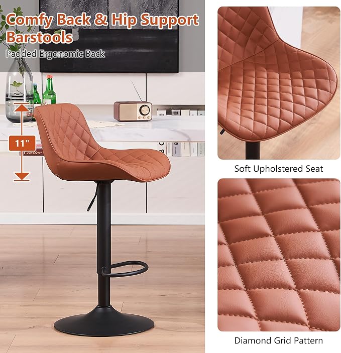 YOUTASTE Coffee Brown Bar Stools Set of 2 Adjustable Counter Height Barstools Faux Leather Bar Stool with Back Swivel Modern Metal Diamond Bar Chairs Home Kitchen Island Restuarant