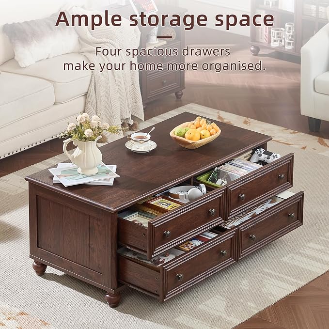 RWYHG 48" Farmhouse Coffee Table with Hidden Storage,Wooden Coffee Tables with 4 Drawers & Roman Column Handle,Rectangular Rustic Center Table with Solid Wood Curved Base for Living Room,Office,Walnut
