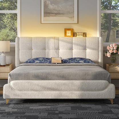 Novilla King Size Bed Frame with Charging Station & LED Lights, Upholstered French Luxury Platform Bed with Wingback Headboard, Lamb Wool Fabric, No Box Spring Needed, Easy Assembly, Cream White