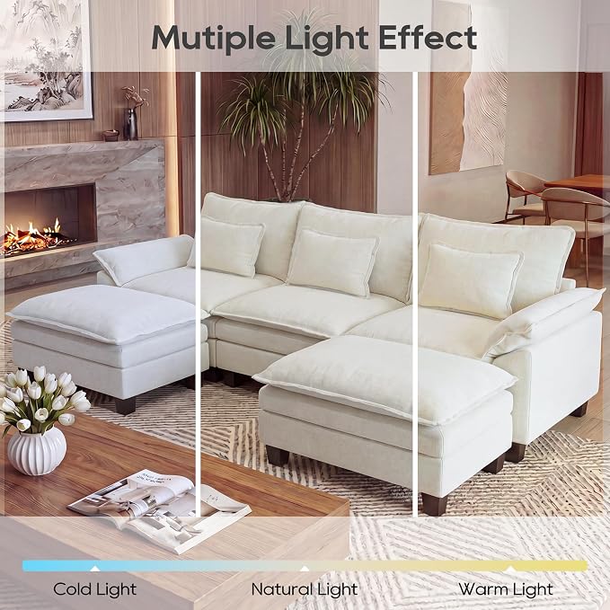 URRED Oversized Modular Sectional Sofa, 122" U Shaped Modern Comfy Cloud Couch with Movable Ottoman & Pillows, Deep Seat Couches for Living Room, Bedroom or Apartment (Chenille Beige, 122" U Shaped)