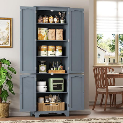 Function Home Tall Pantry Cabinet, Freestanding Storage Cabinet, Wooden Kitchen Pantry with 4 Doors and 5 Shelves, 72" Floor Cabinet Organizer for Kitchen Living Room Bathroom, Grey