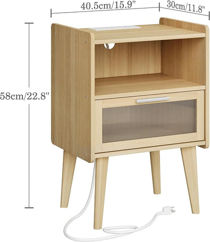 MMEOLUOOK Nightstand with Charging Station, Bedside Tables with Glass Decorative Door, Natural End Table, Side Table with 2 Tiers Storage Space for Bedroom Living Room CAMLBZ07YE