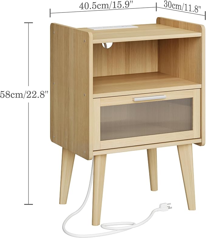 Nightstand with Charging Station, Natural Wood Bedside Tables, Modern End Table, Side Table with 2 Tiers Storage Space for Bedroom Living Room MLBZ07YE-2