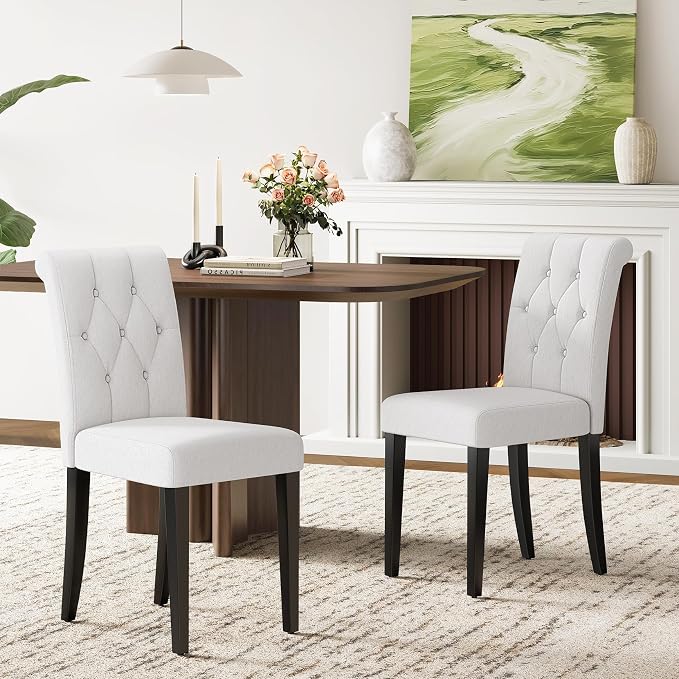 Welzona Upholstered Dining Chairs Set of 4, Button Tufted Parsons Dining Chair with Solid Wood Legs, Modern Fabric Side Chair for Hotel/Dining Room/Kitchen/Restaurant- White