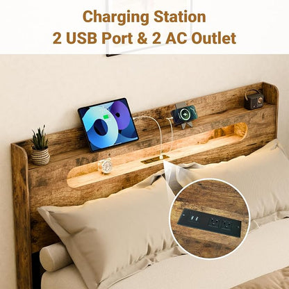 Zevemomo King Size Bed Frame Wood with Headboard, LED Light, Charging Station with 2 USB Ports & 2 AC Outlets, Durable Wooden Frame, No Noise, Rustic Brown (Arc Edge Rectangular Slot)