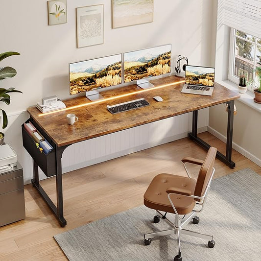 DurayLoly 63" Home Office Desk with LED Lights,Computer Desk for 2 Monitors or 2 laptops,Spacious Under-Desktop for Study Writing Work Gaming Desk,Sturdy Metal Frame,Bedroom,Rustic Brown