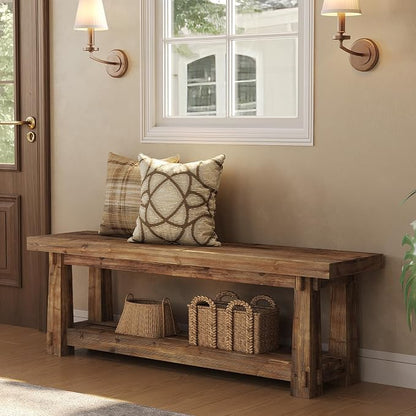 55" Solid Wood Entryway Bench with Shoe Storage, Rustic Charred Wood Grain Foyer Bench with Open Shelf for Hallway, Mudroom, Bedroom, Easy Assembly