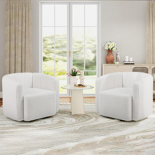 Giantex 360° Swivel Accent Chair Set of 2- Sherpa Upholstered Boucle Barrel Club Chair with Padded Armrests, Modern Round Arm Chair for Reading, Living Room, Bedroom, Office, White Teddy