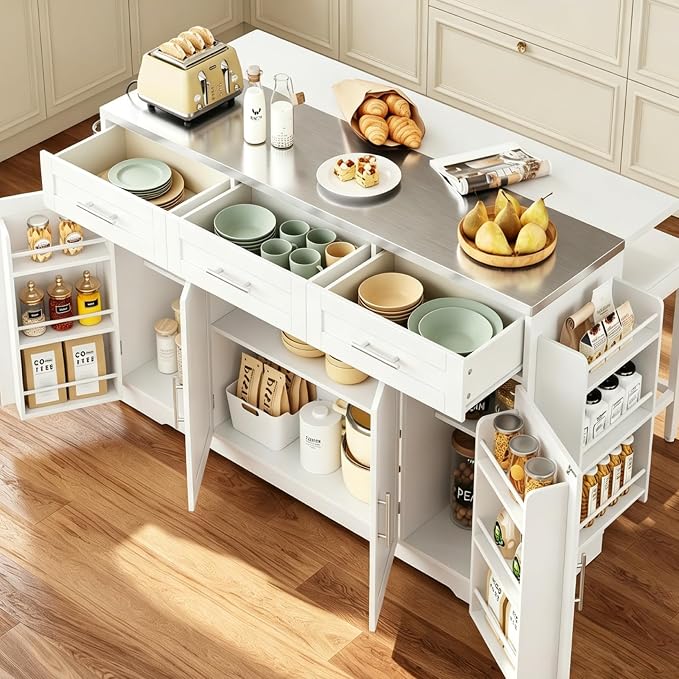 Concho 71'' Kitchen Island with Seating and Stainless Steel Countertop, Rolling Kitchen Carts on Wheels with Folding Drop Leaf, Bar Stool, Power Outlet, Spice/Towel Rack, White