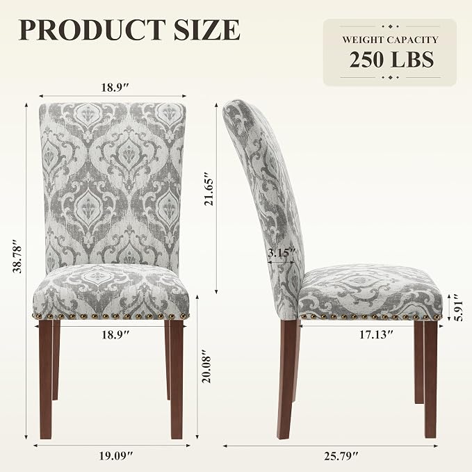 MALOL Dining Chairs Set of 2, High Back Dining Chair with Wood Legs and Nailhead Trim, Modern Padded Kitchen Room Chairs for Dining Room/Restaurant, White/Grey