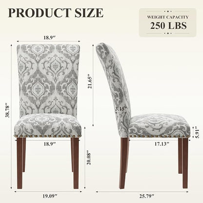 MALOL Dining Chairs Set of 2, High Back Dining Chair with Wood Legs and Nailhead Trim, Modern Padded Kitchen Room Chairs for Dining Room/Restaurant, White/Grey
