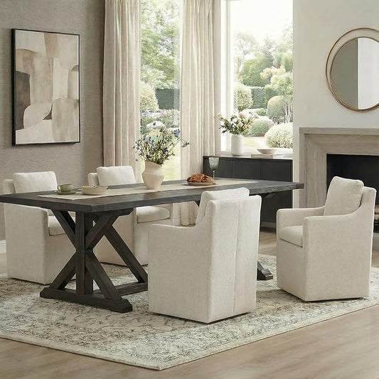 KISLOT Upholstered Dining Chairs with Casters, No Assembly Modern Accent Armchair with Rollers for Dining Room, Bedroom, Living Room, Reading Room, Already Assembled, Beige, 4 Box