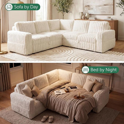 HONBAY Plush Corduroy Modular Sectional Sofa with Pull Out Bed, Convertible L Shaped Couch with Storage,Sleeper Sectional Couches for Living Room,Plush Beige