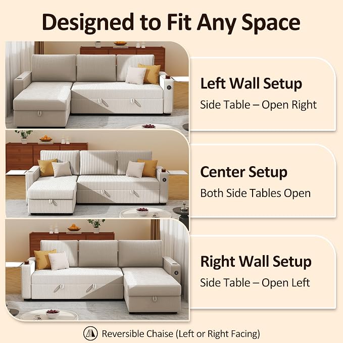 Ball & Cast 80" Sectional Sleeper Sofa Bed Pull Out Couches for Living Room | L Shaped Convertible Pull Out Sofa Bed with Storage Chaise, LED Lights, Foldable Table, USB Ports, Cup Holder and Side Pocket