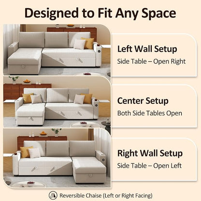 Ball & Cast 80" Sectional Sleeper Sofa Bed Pull Out Couches for Living Room | L Shaped Convertible Pull Out Sofa Bed with Storage Chaise, LED Lights, Foldable Table, USB Ports, Cup Holder and Side Pocket