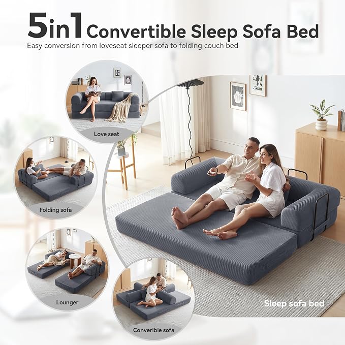 Sofa Bed, Corduroy Sleeper Sofa Bed with Fixed Frame, Floor Sofa Lounge with Pillow, Convertible Folding Mattress Couch for Living Room, Bedroom, Lounge, Studio (Dark Gray)