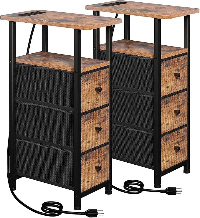 LOAKEKEL Narrow End Tables Living Room Set of 2 with Charging Station, Skinny Side Table with Fabric Drawers, Slim Nightstand for Bedroom, Small Spaces, Couch, Brown, HETNDP03BR