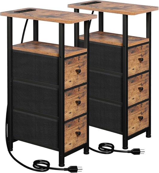 LOAKEKEL Narrow End Tables Living Room Set of 2 with Charging Station, Skinny Side Table with Fabric Drawers, Slim Nightstand for Bedroom, Small Spaces, Couch, Brown, HETNDP03BR