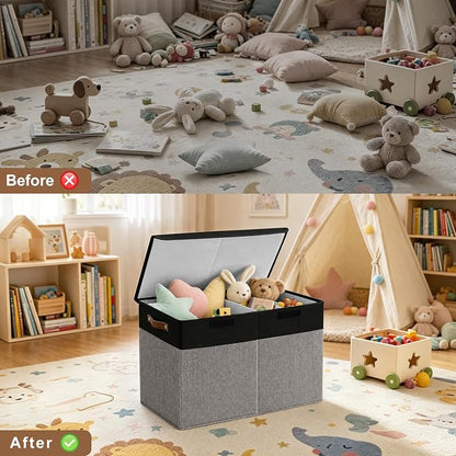 Bagnizer Large Toy Storage Box with Lids, Collapsible Sturdy Baby Storage Organizer Chest Bin Basket for Kids, Boys, Girls, Playroom, Nursery, Bedroom, Closet 25"x13"x16" (Gray and Black)