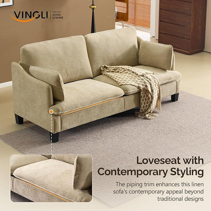 VINGLI 84" Extra Deep Seat Sofa Couch, 3 Seater Upholstered Living Room Couches with 2 Piped Seater Cushions, Throw Pillows, Modern Linen Velvet Fabric Sofa for Apartment Bedroom Office