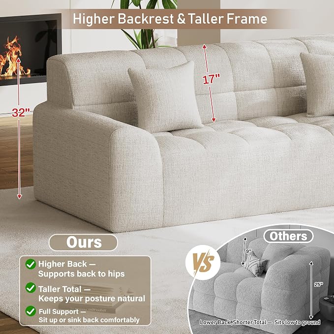91.5" Modern Boneless Couch for Living Room, Comfy Cloud Sectional Sofa with Deep Seat, Chenille Love Seat Oversized Upholstered 3-Seater Sofa, No Assembly Required Tufted Sofas, Beige White