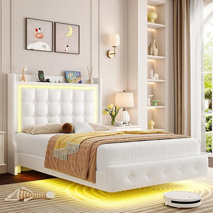 Keyluv Twin Floating Bed Frame with Storage Headboard, LED Lights & Charging Station Platform Bed, Soft Upholstered PU Leather, USB/Type-C Ports, Easy Assembly, White