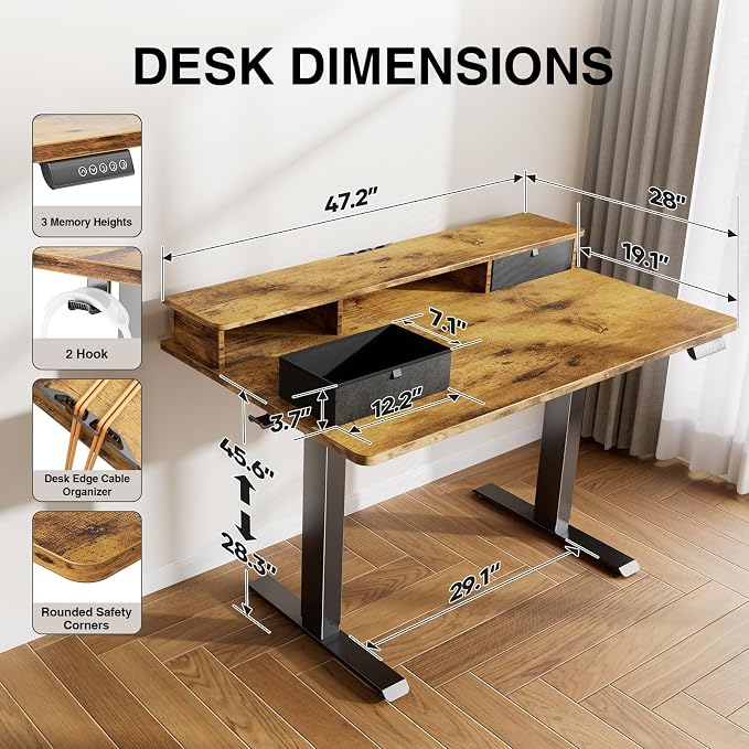 Veken 47x28 in Electric Standing Desk with Drawers, Adjustable Table, Brown | Stand up Computer Desk for Home Office, Work & Study, with Storage, 3 Memory Presets, Cable Organizer, Hook, and Quiet Lift.