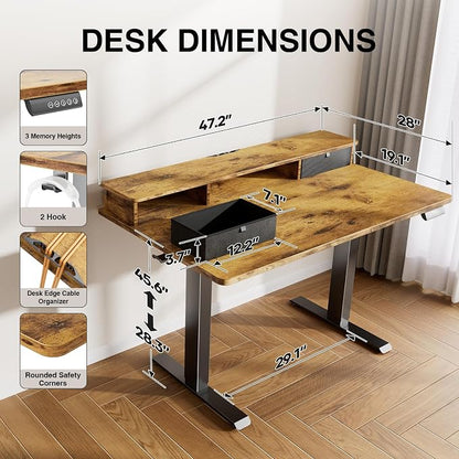Veken 47x28 in Electric Standing Desk with Drawers, Adjustable Table, Brown | Stand up Computer Desk for Home Office, Work & Study, with Storage, 3 Memory Presets, Cable Organizer, Hook, and Quiet Lift.